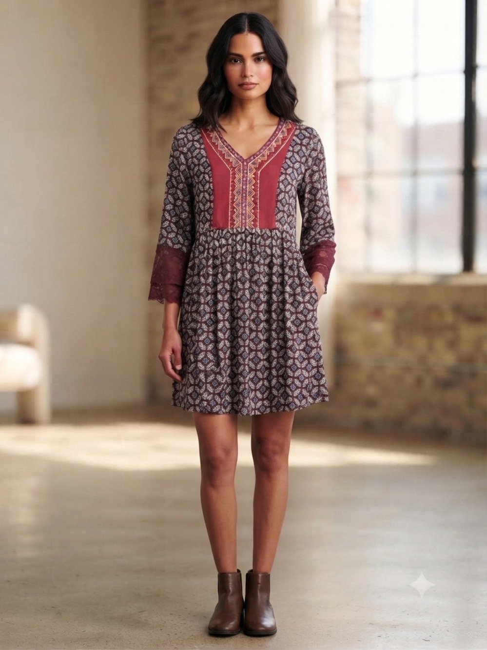 Flying Tomato Burgundy Shirt Relaxed Retro Flowy Hippie Earthy Twee